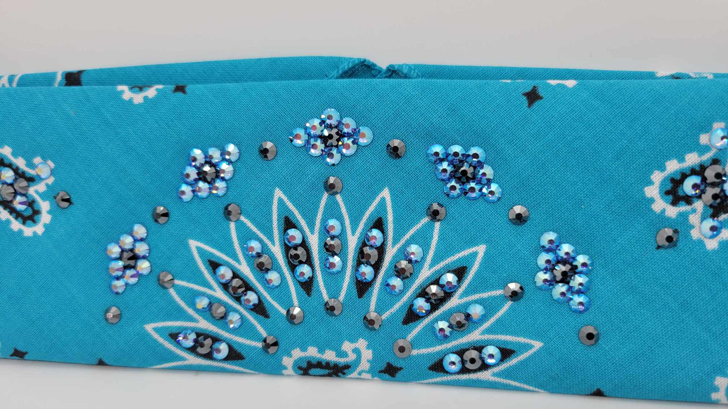 Narrow Light Teal Paisley Bandana with Blue Shimmer and Black Austrian Crystals (sku6270)
