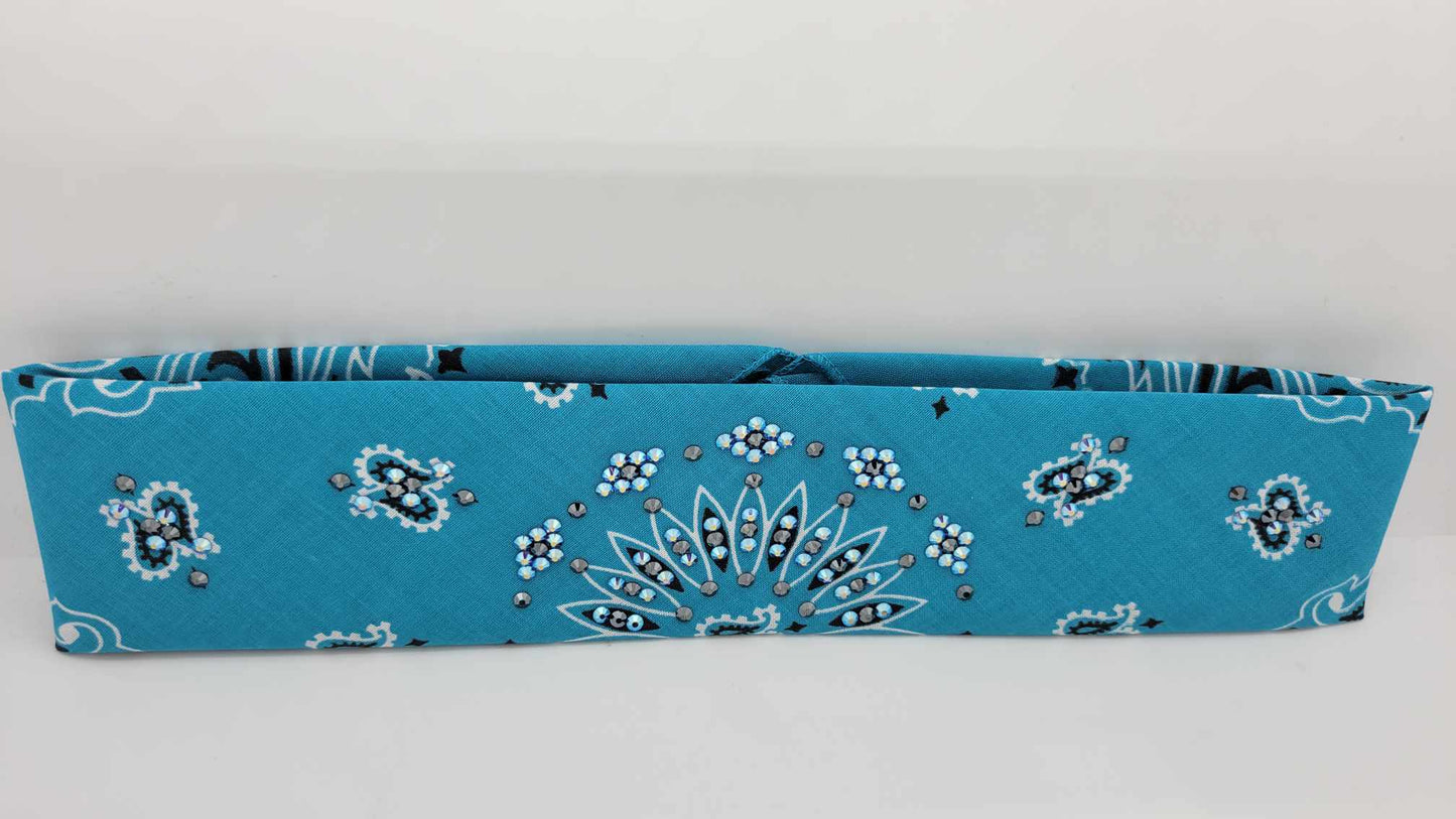 Narrow Light Teal Paisley Bandana with Blue Shimmer and Black Austrian Crystals (sku6270)