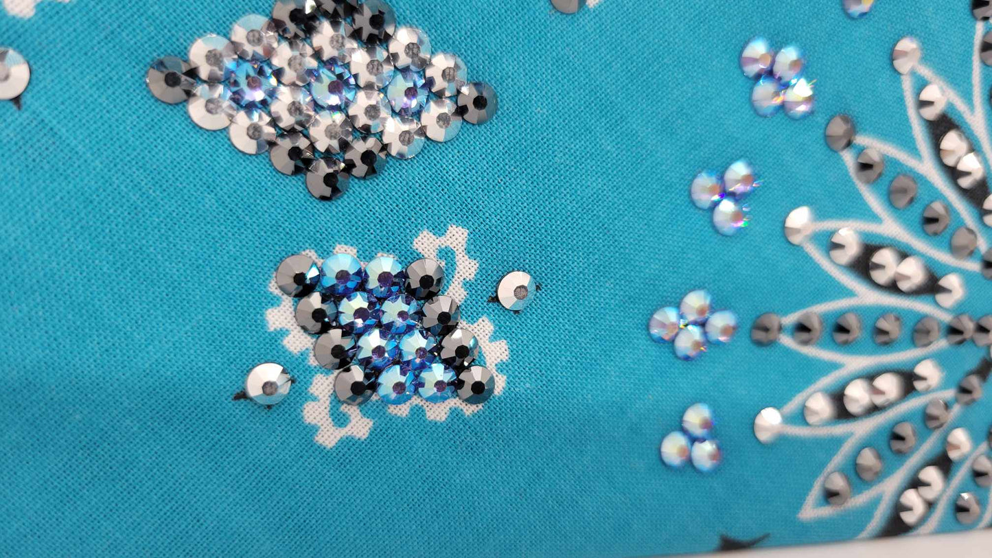 LeeAnnette Light Teal Paisley Bandana with Blue Shimmer, Chrome and Black Austrian Crystals (Sku4310)