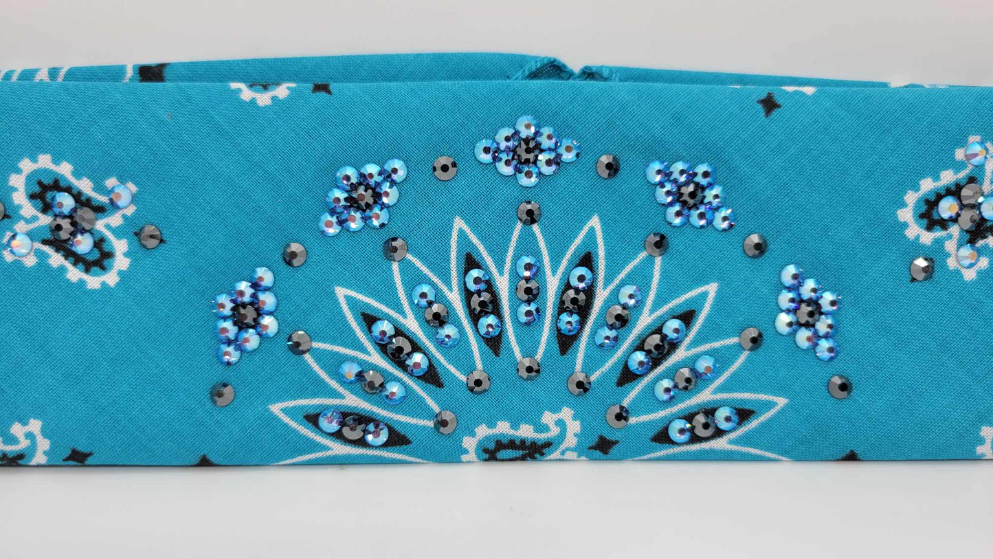 Narrow Light Teal Paisley Bandana with Blue Shimmer and Black Austrian Crystals (sku6270)