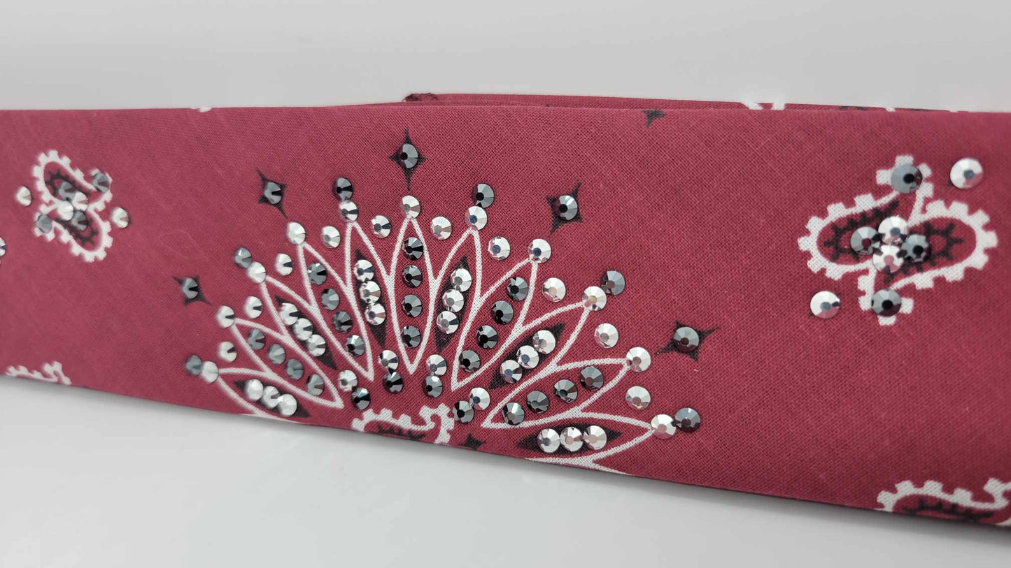 Narrow Maroon Paisley Bandana with Chrome and Black Austrian Crystals (sku6271)