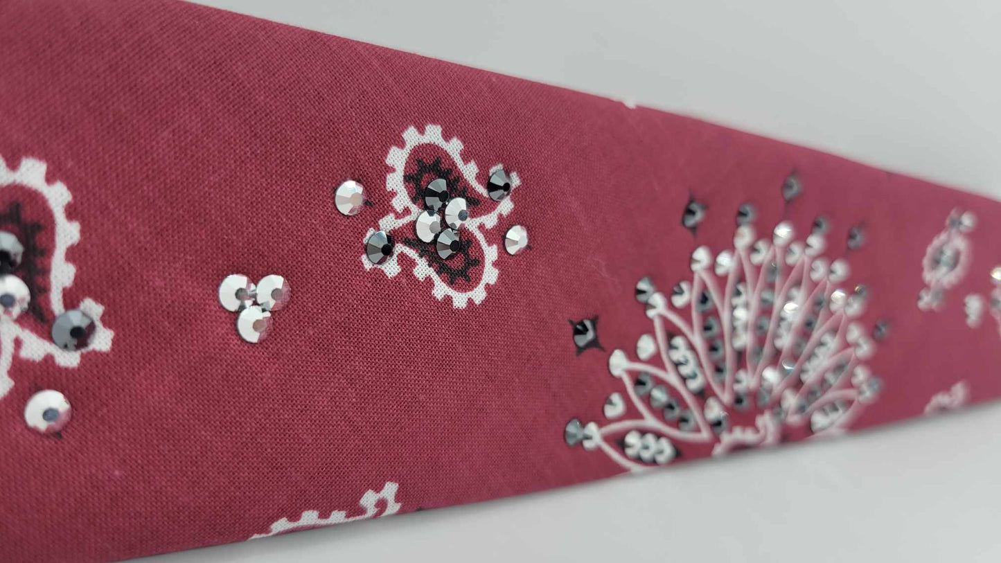 Narrow Maroon Paisley Bandana with Chrome and Black Austrian Crystals (sku6271)