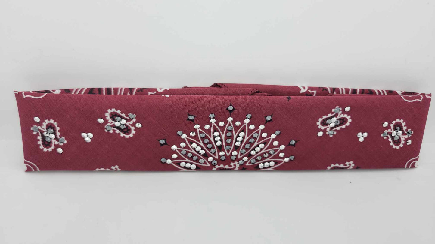 Narrow Maroon Paisley Bandana with Chrome and Black Austrian Crystals (sku6271)