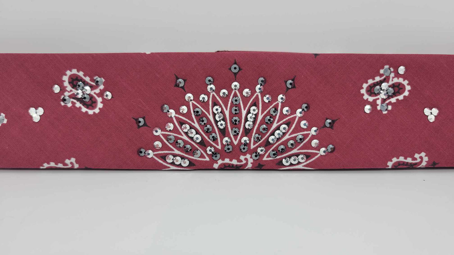 Narrow Maroon Paisley Bandana with Chrome and Black Austrian Crystals (sku6271)