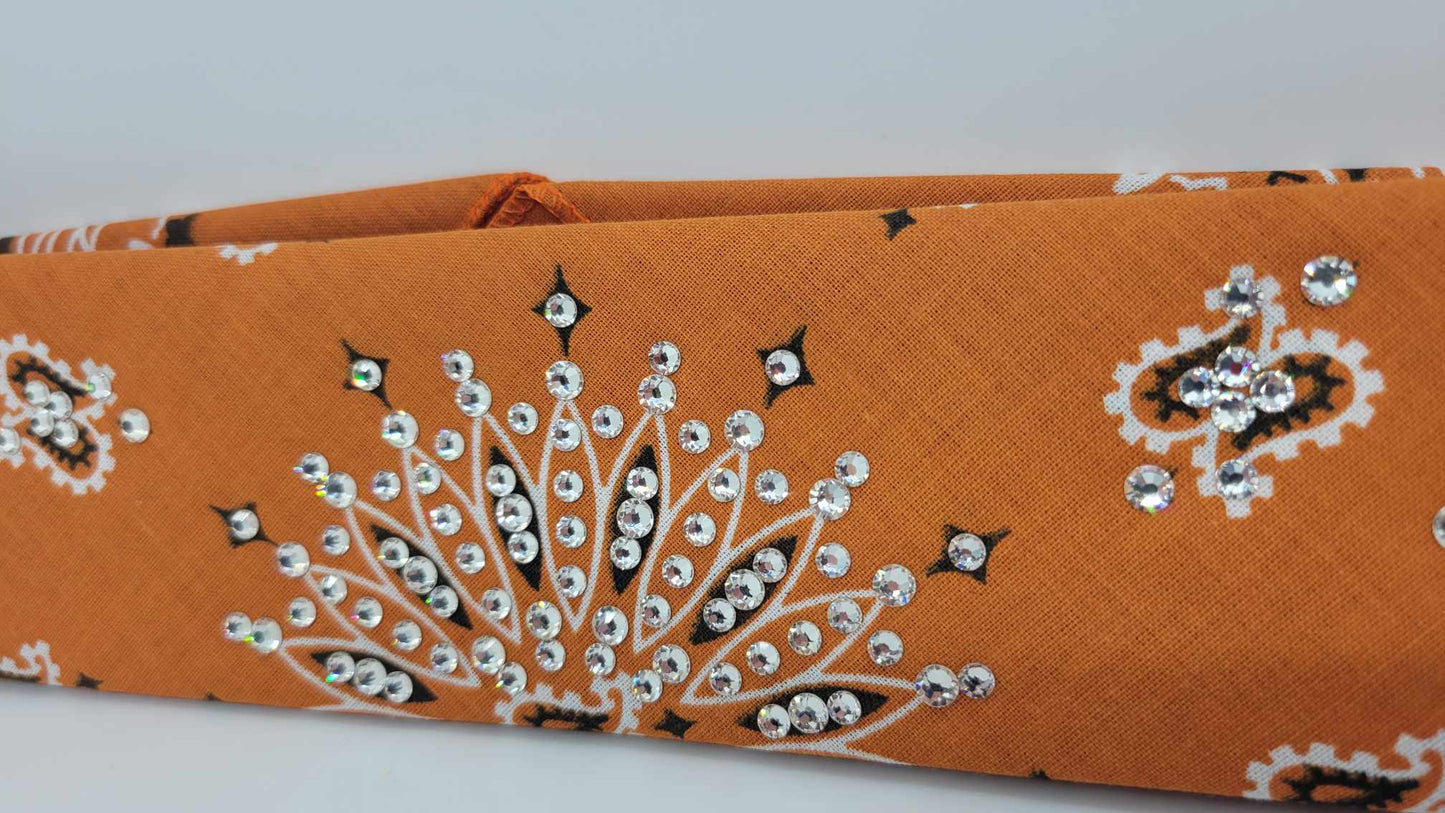 Narrow Bunt Orange Paisley Bandana with Diamond Clear Austrian Crystals (sku6272)