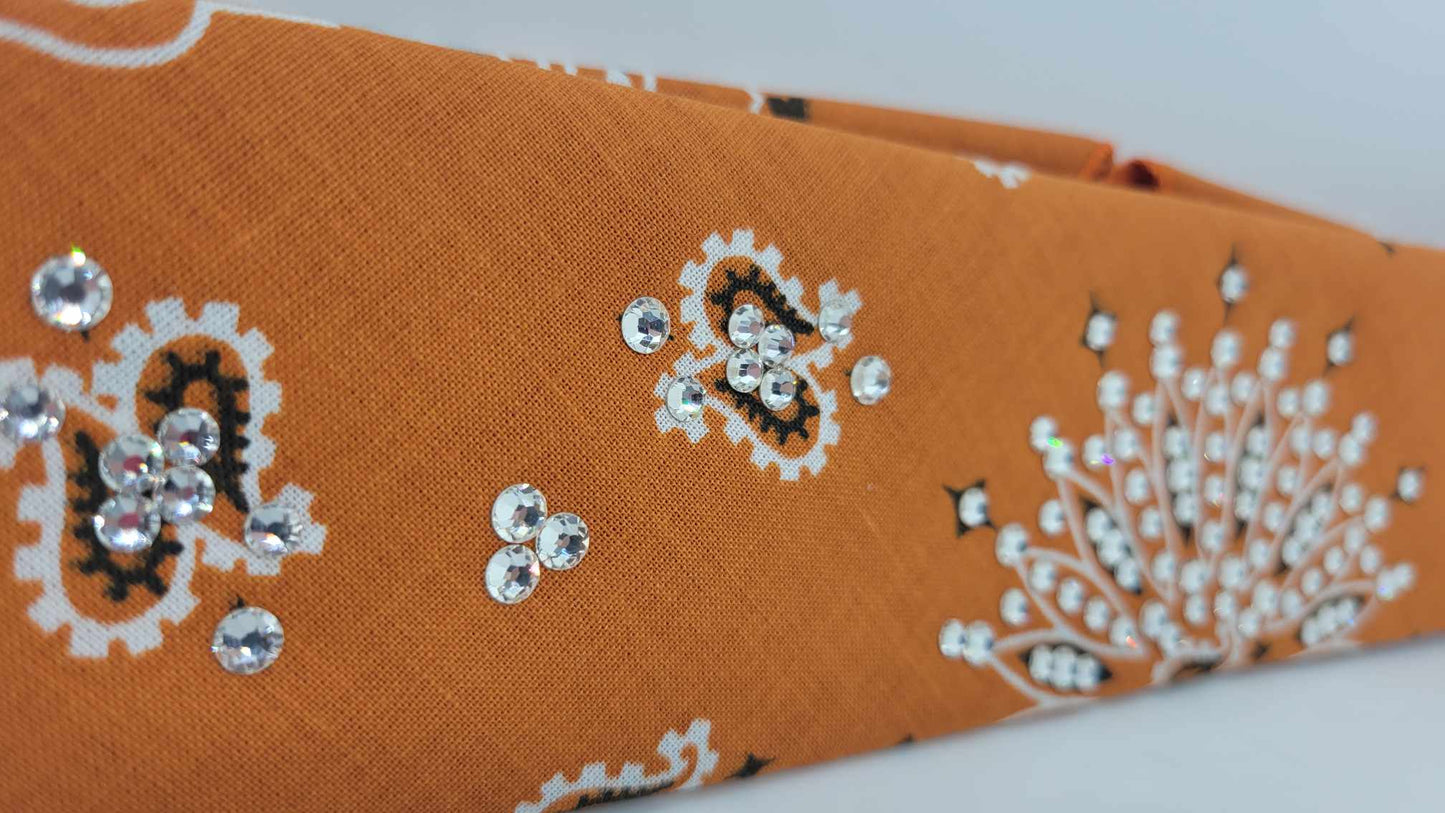 Narrow Bunt Orange Paisley Bandana with Diamond Clear Austrian Crystals (sku6272)