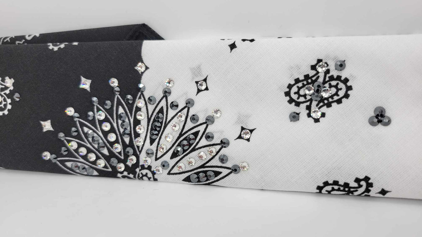 Narrow Black and White Paisley Bandana with Black and Diamond Clear Austrian Crystals (sku6274)