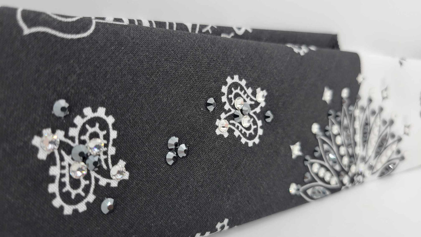 Narrow Black and White Paisley Bandana with Black and Diamond Clear Austrian Crystals (sku6274)