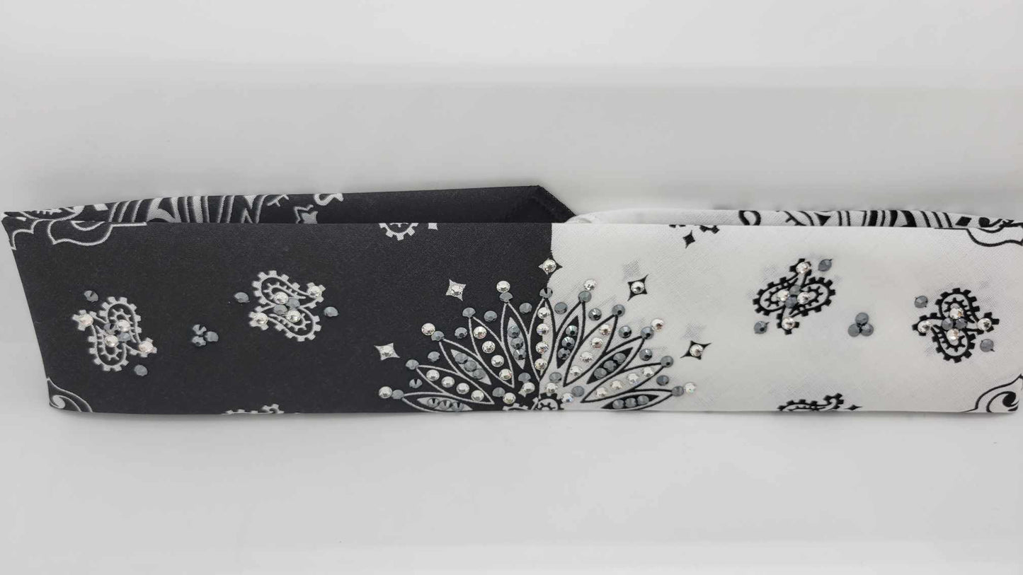 Narrow Black and White Paisley Bandana with Black and Diamond Clear Austrian Crystals (sku6274)