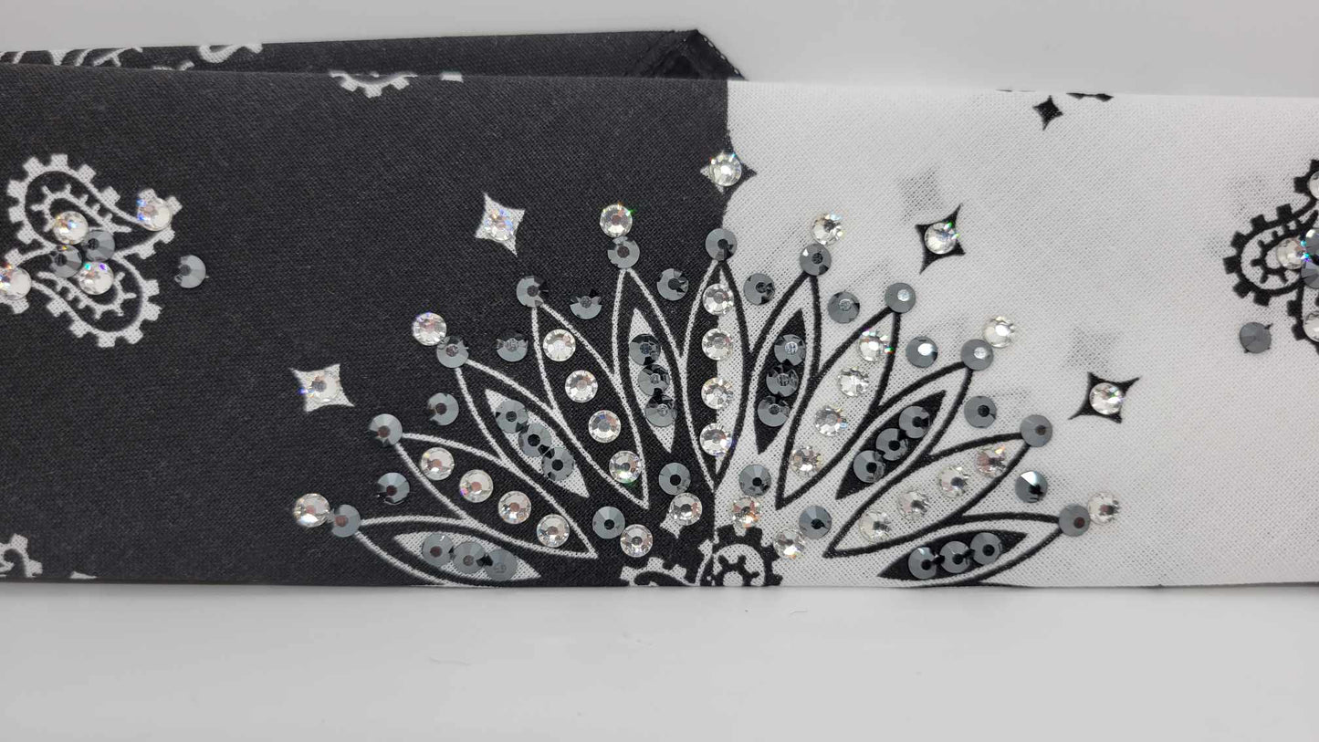Narrow Black and White Paisley Bandana with Black and Diamond Clear Austrian Crystals (sku6274)