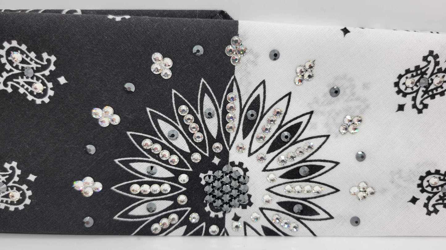 Black and White Paisley Bandana with Black and Diamond Clear Austrian Crystals (Sku6275)