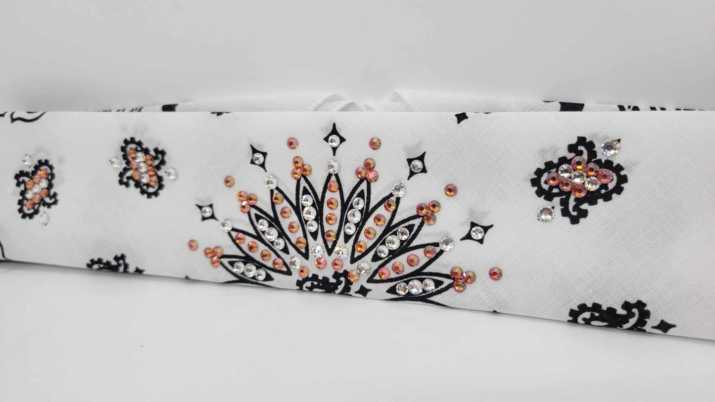 Narrow White Paisley Bandana with Lava and Diamond Clear Austrian Crystals (sku6276)