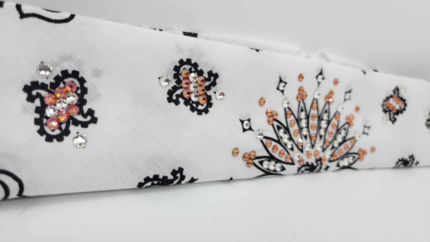 Narrow White Paisley Bandana with Lava and Diamond Clear Austrian Crystals (sku6276)