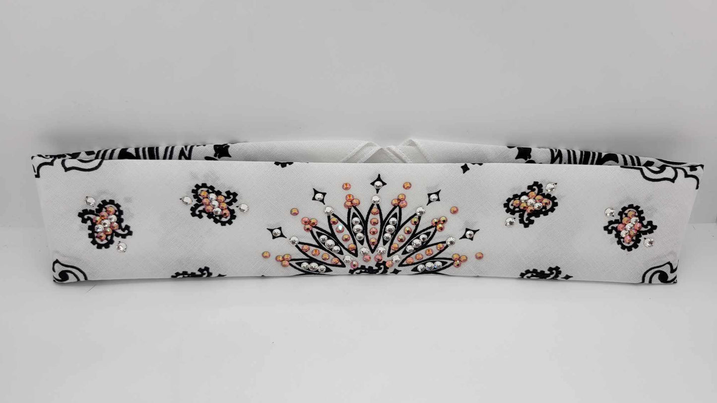 Narrow White Paisley Bandana with Lava and Diamond Clear Austrian Crystals (sku6276)