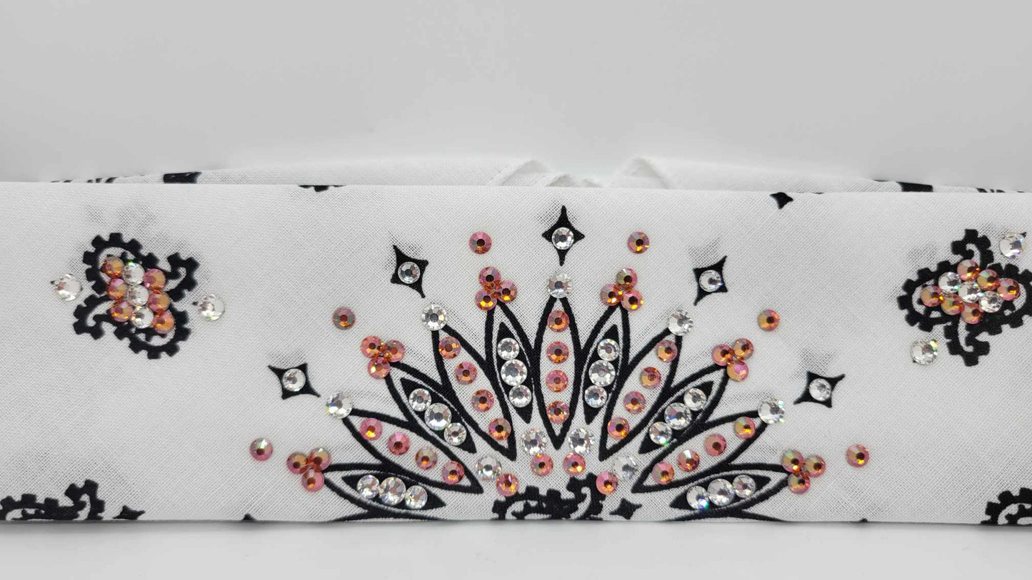 Narrow White Paisley Bandana with Lava and Diamond Clear Austrian Crystals (sku6276)
