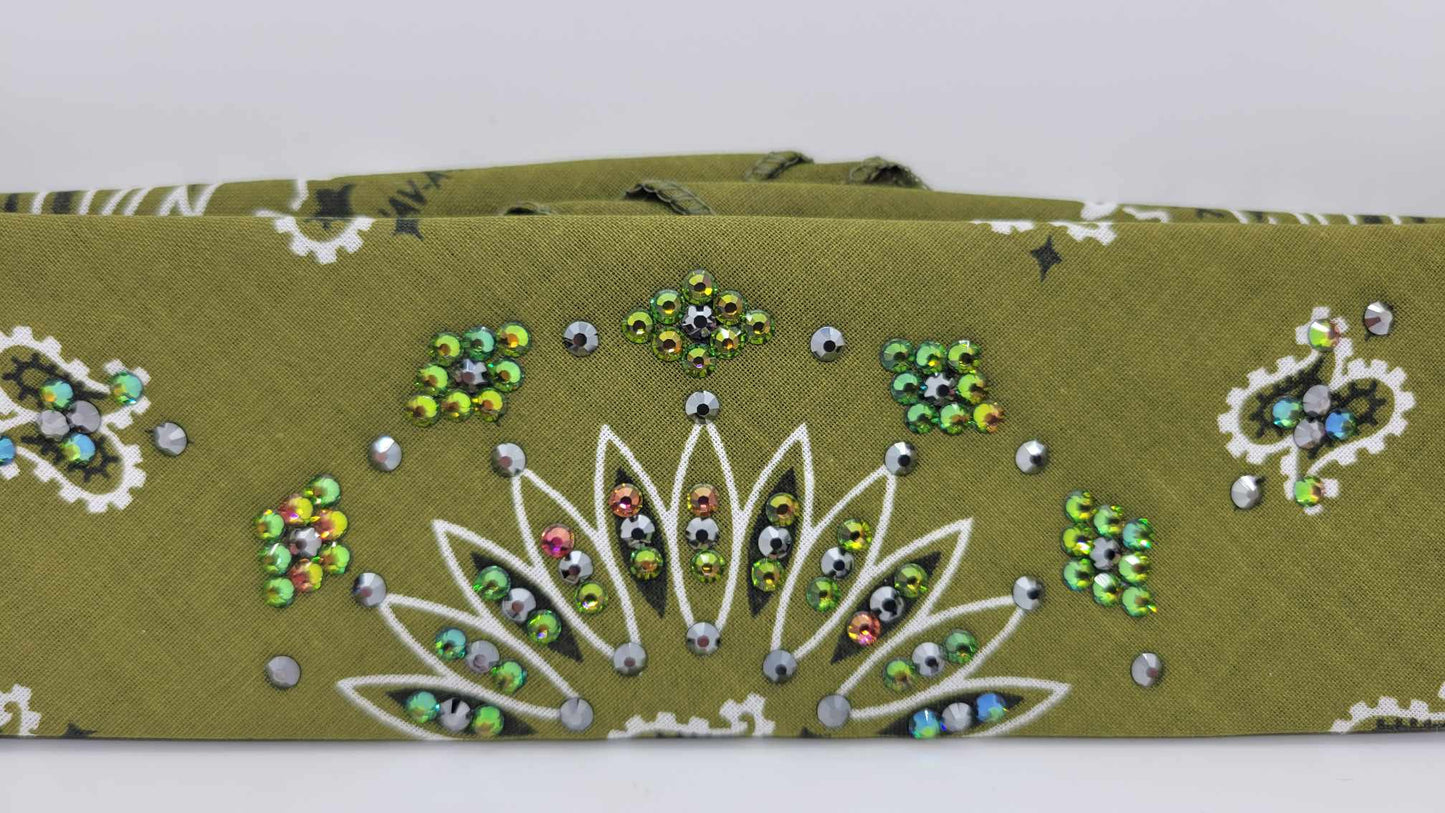 Narrow Olive Green Paisley Bandana with Vitrail and Black Austrian Crystals (sku6278)