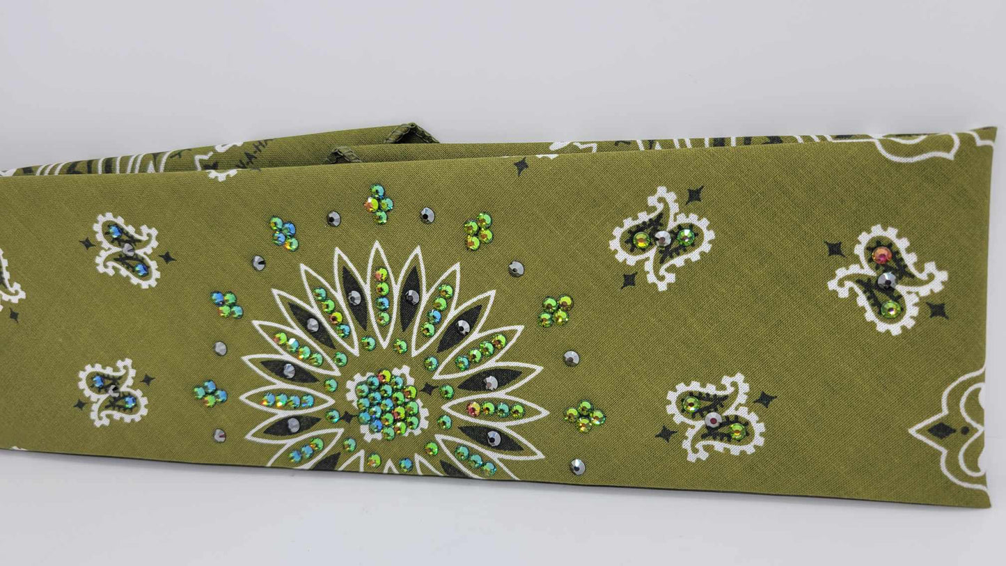Olive Green Paisley Bandana with Vitrail and Black Austrian Crystals (Sku6280)