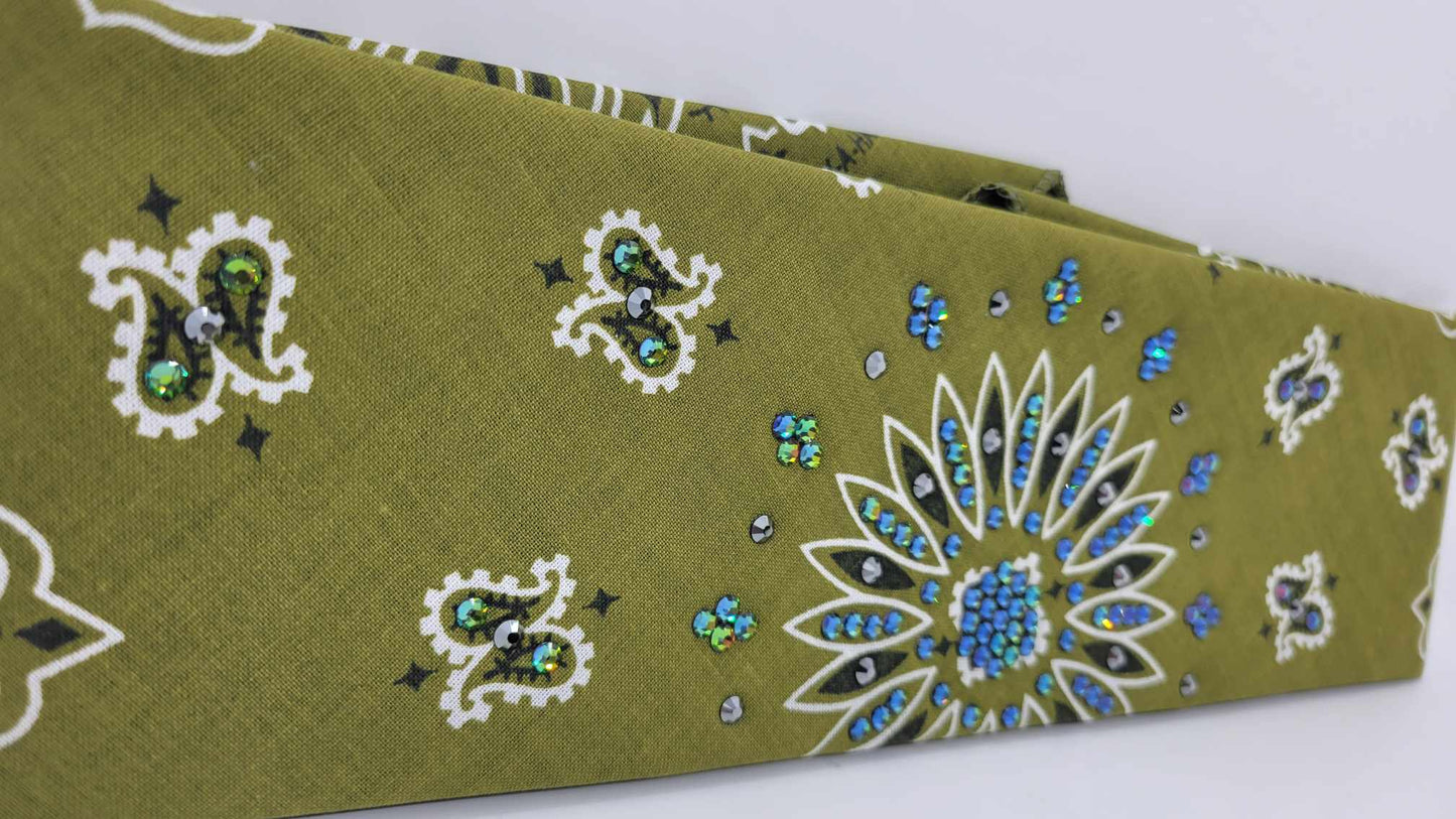 Olive Green Paisley Bandana with Vitrail and Black Austrian Crystals (Sku6280)