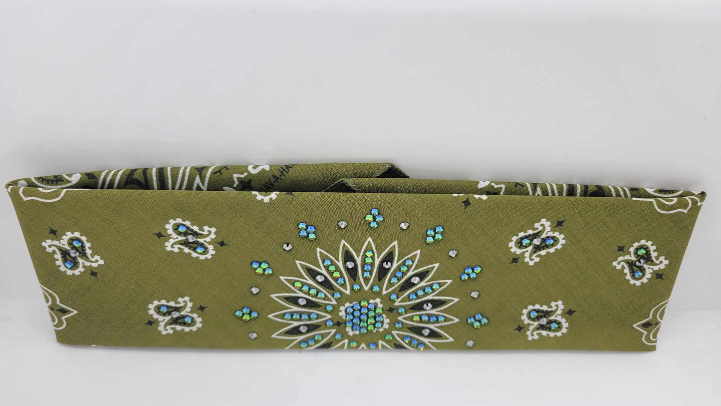 Olive Green Paisley Bandana with Vitrail and Black Austrian Crystals (Sku6280)