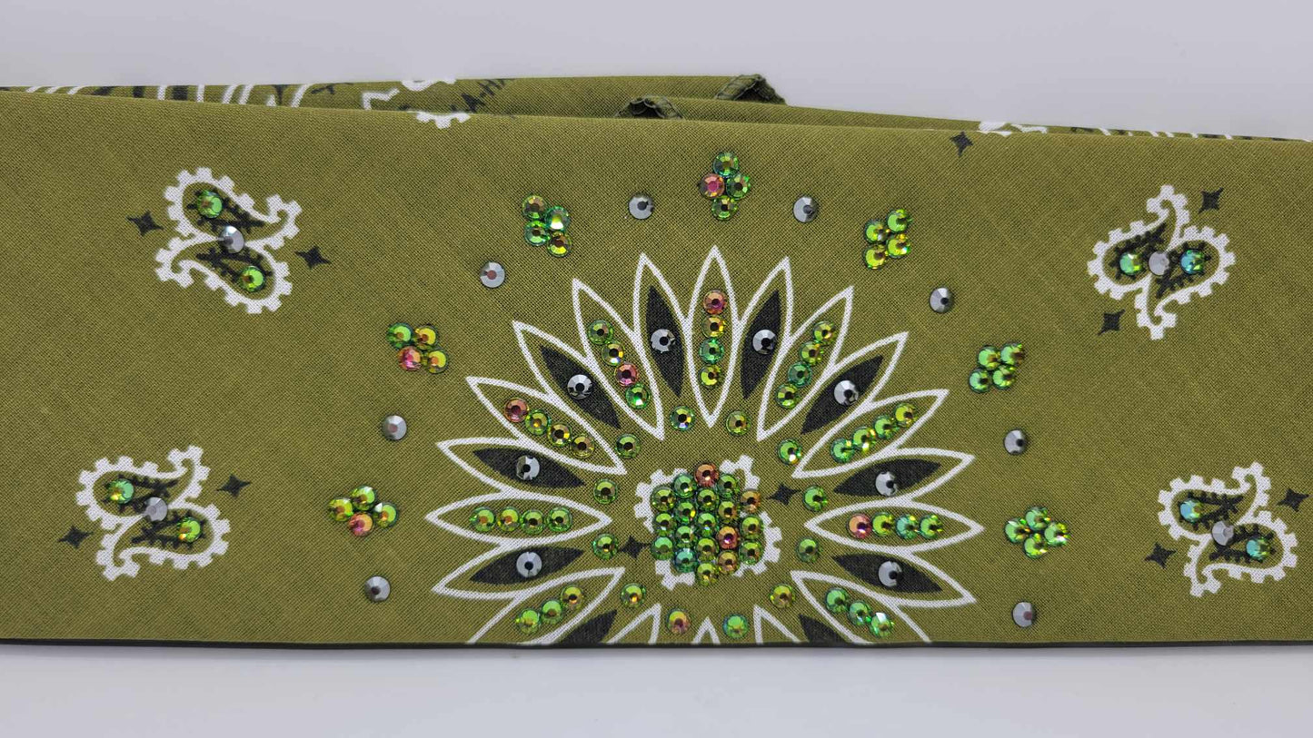 Olive Green Paisley Bandana with Vitrail and Black Austrian Crystals (Sku6280)
