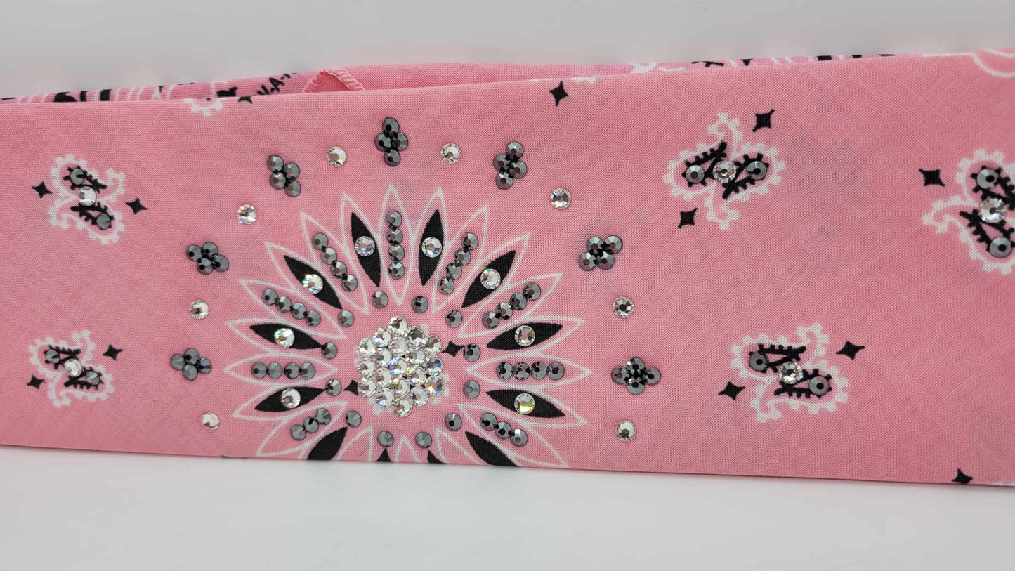 Light Pink Paisley Bandana with Black and Diamond Clear Austrian Crystals (Sku6282)
