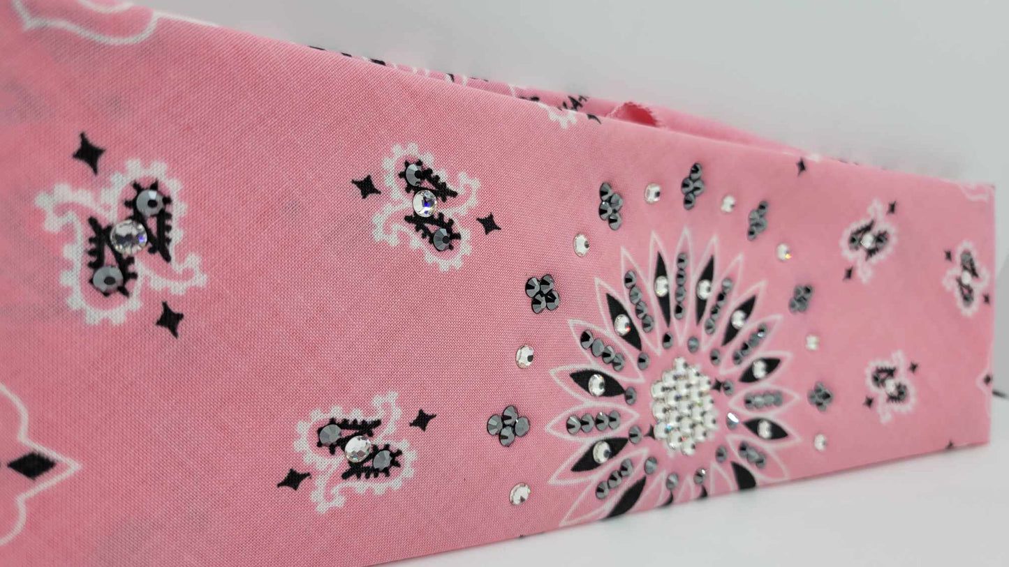 Light Pink Paisley Bandana with Black and Diamond Clear Austrian Crystals (Sku6282)