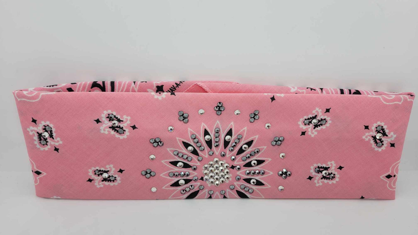 Light Pink Paisley Bandana with Black and Diamond Clear Austrian Crystals (Sku6282)