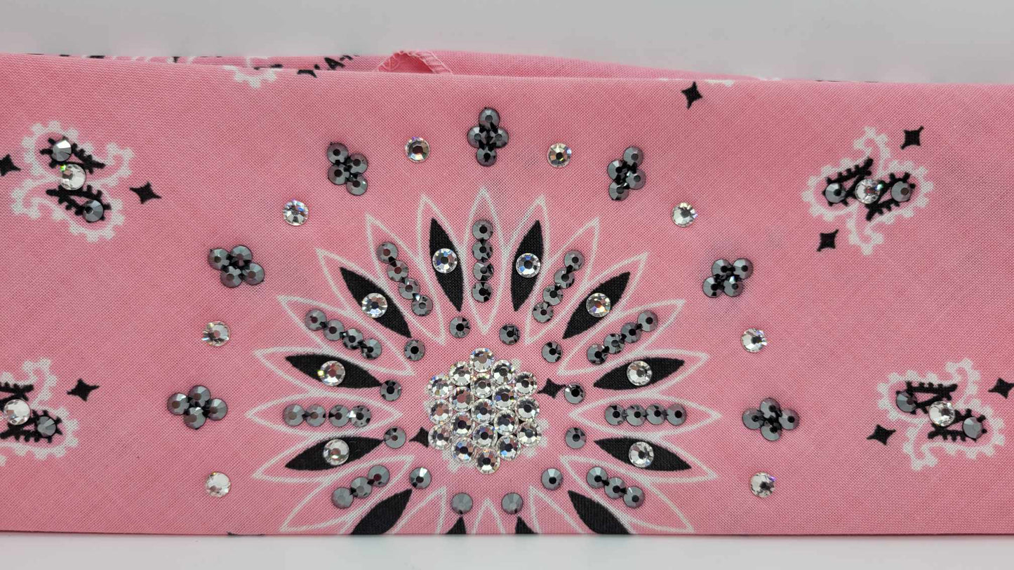 Light Pink Paisley Bandana with Black and Diamond Clear Austrian Crystals (Sku6282)