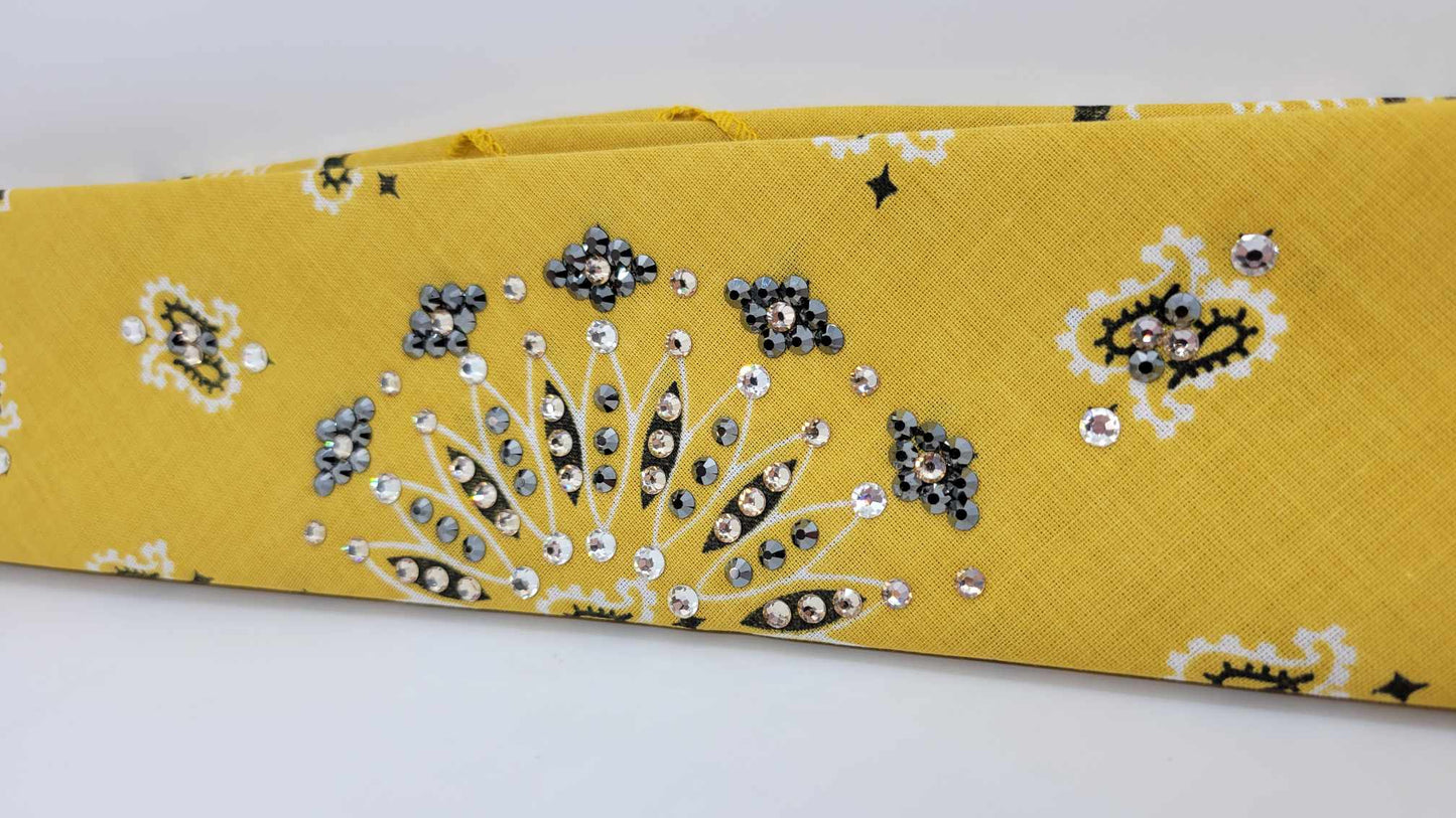 Narrow Golden Mustard Paisley Bandana with Black, Honey and Diamond Clear Austrian Crystals (sku6286)
