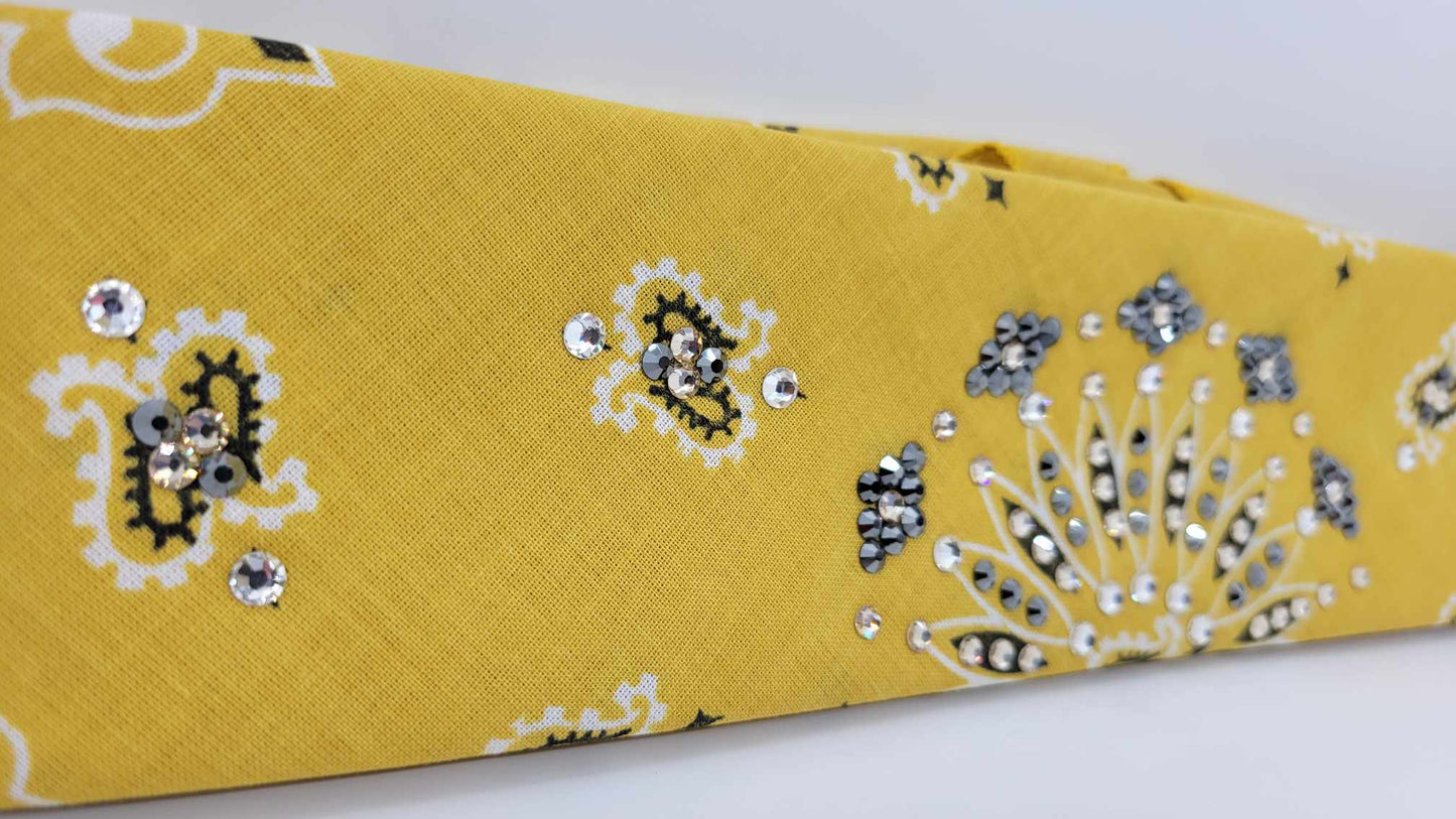 Narrow Golden Mustard Paisley Bandana with Black, Honey and Diamond Clear Austrian Crystals (sku6286)