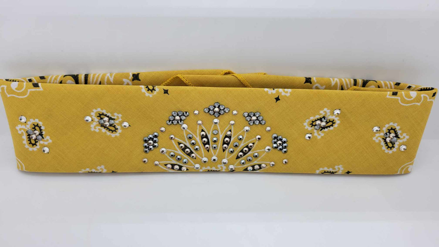 Narrow Golden Mustard Paisley Bandana with Black, Honey and Diamond Clear Austrian Crystals (sku6286)