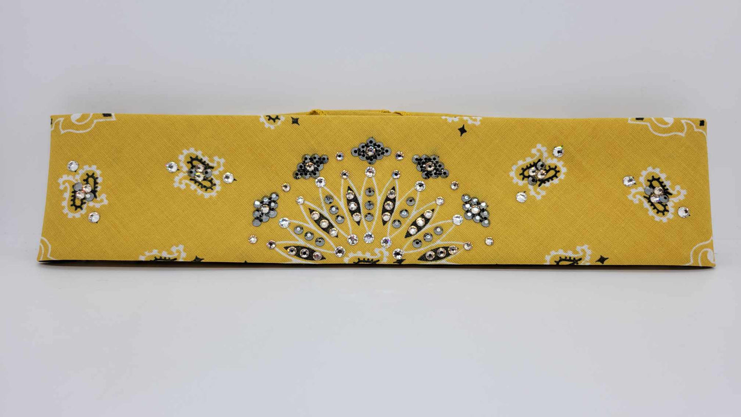 Narrow Golden Mustard Paisley Bandana with Black, Honey and Diamond Clear Austrian Crystals (sku6286)
