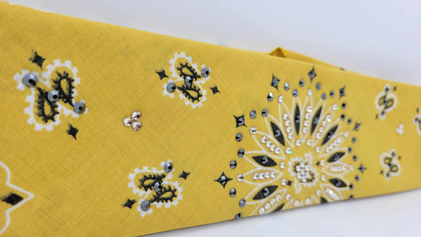 Golden Mustard Paisley Bandana with Black and Honey Austrian Crystals (Sku6287)