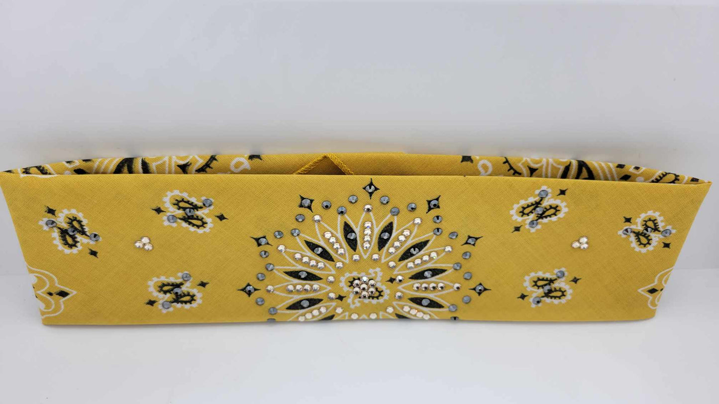 Golden Mustard Paisley Bandana with Black and Honey Austrian Crystals (Sku6287)