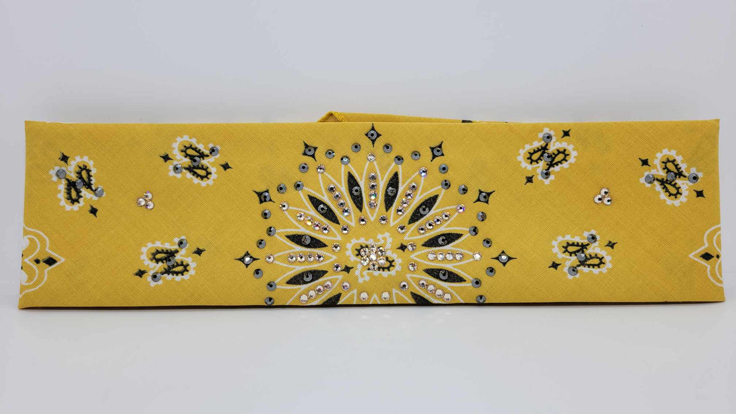 Golden Mustard Paisley Bandana with Black and Honey Austrian Crystals (Sku6287)