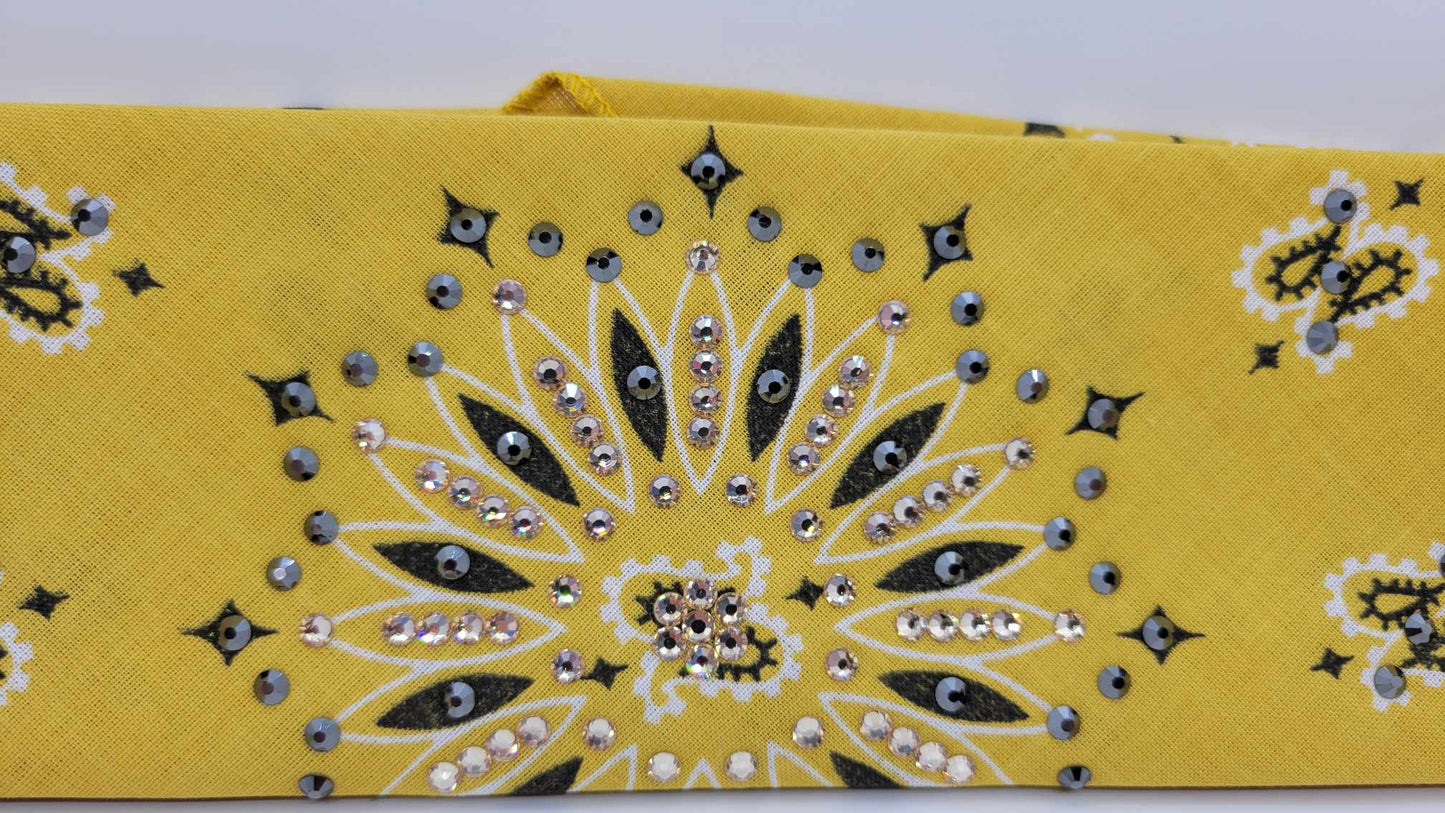 Golden Mustard Paisley Bandana with Black and Honey Austrian Crystals (Sku6287)