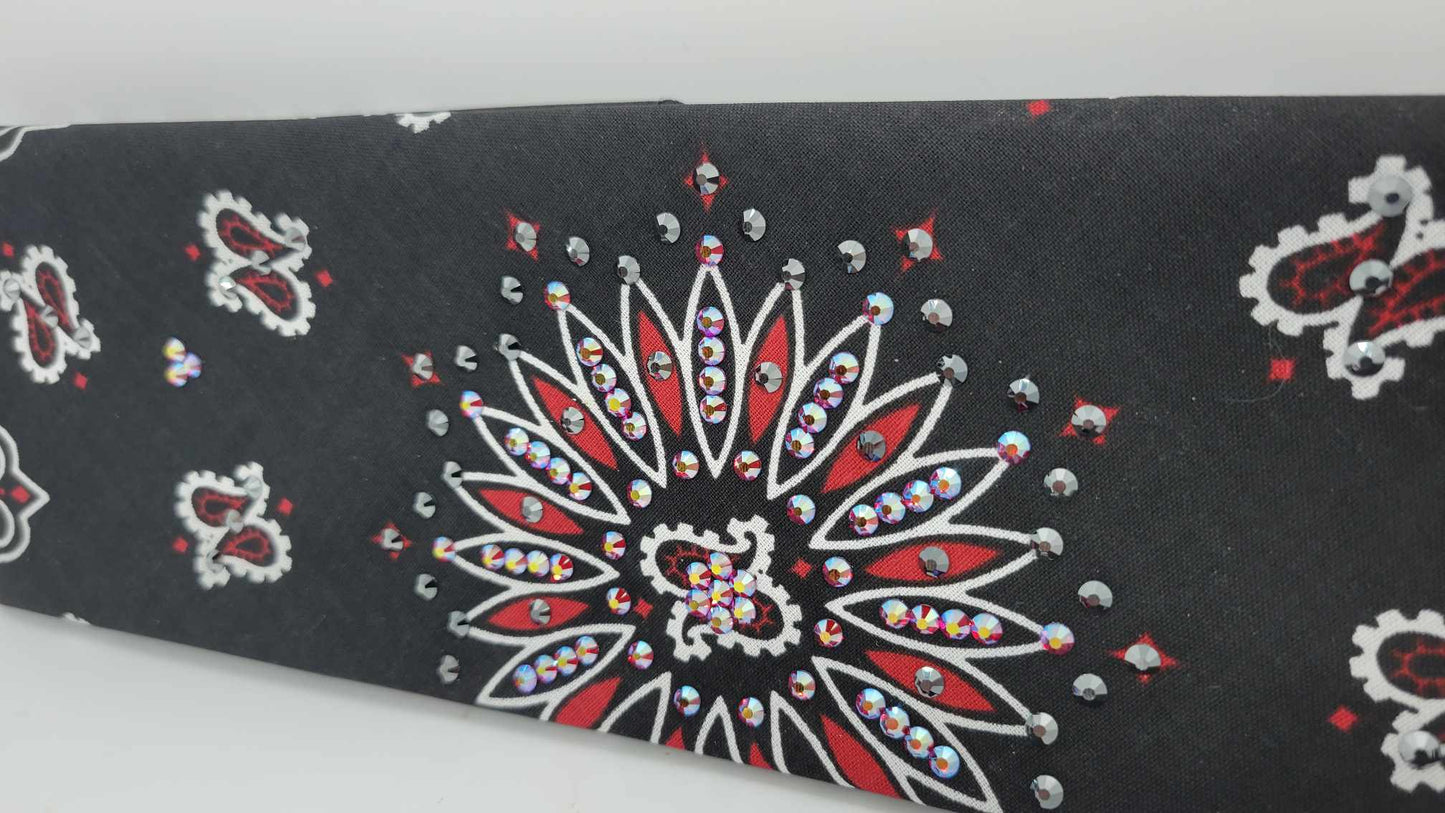 Black and Red Paisley Bandana with Black and Red Shimmer Austrian Crystals (Sku6289)