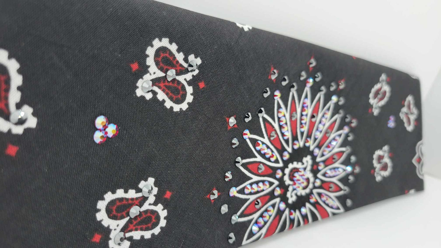 Black and Red Paisley Bandana with Black and Red Shimmer Austrian Crystals (Sku6289)