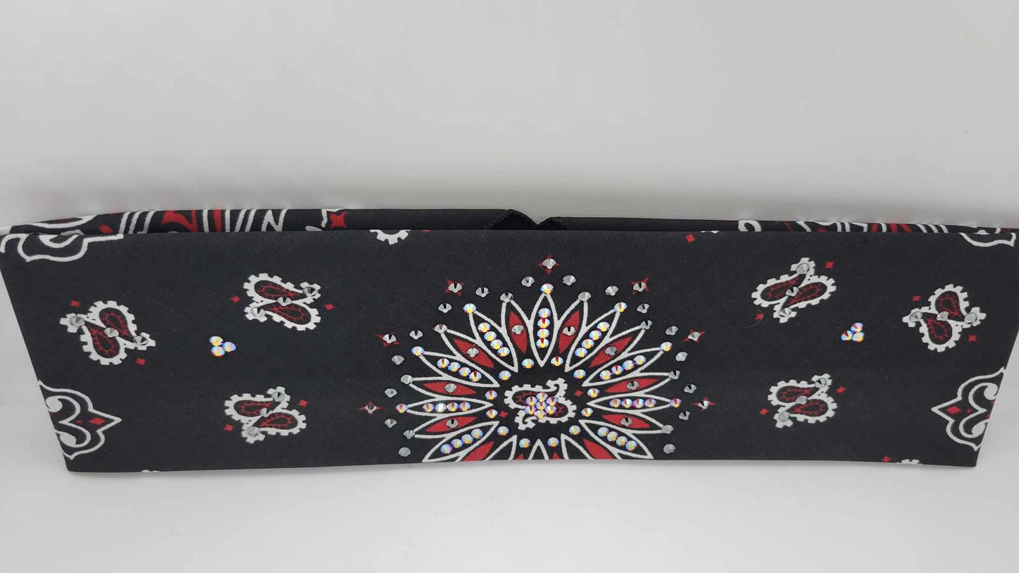 Black and Red Paisley Bandana with Black and Red Shimmer Austrian Crystals (Sku6289)
