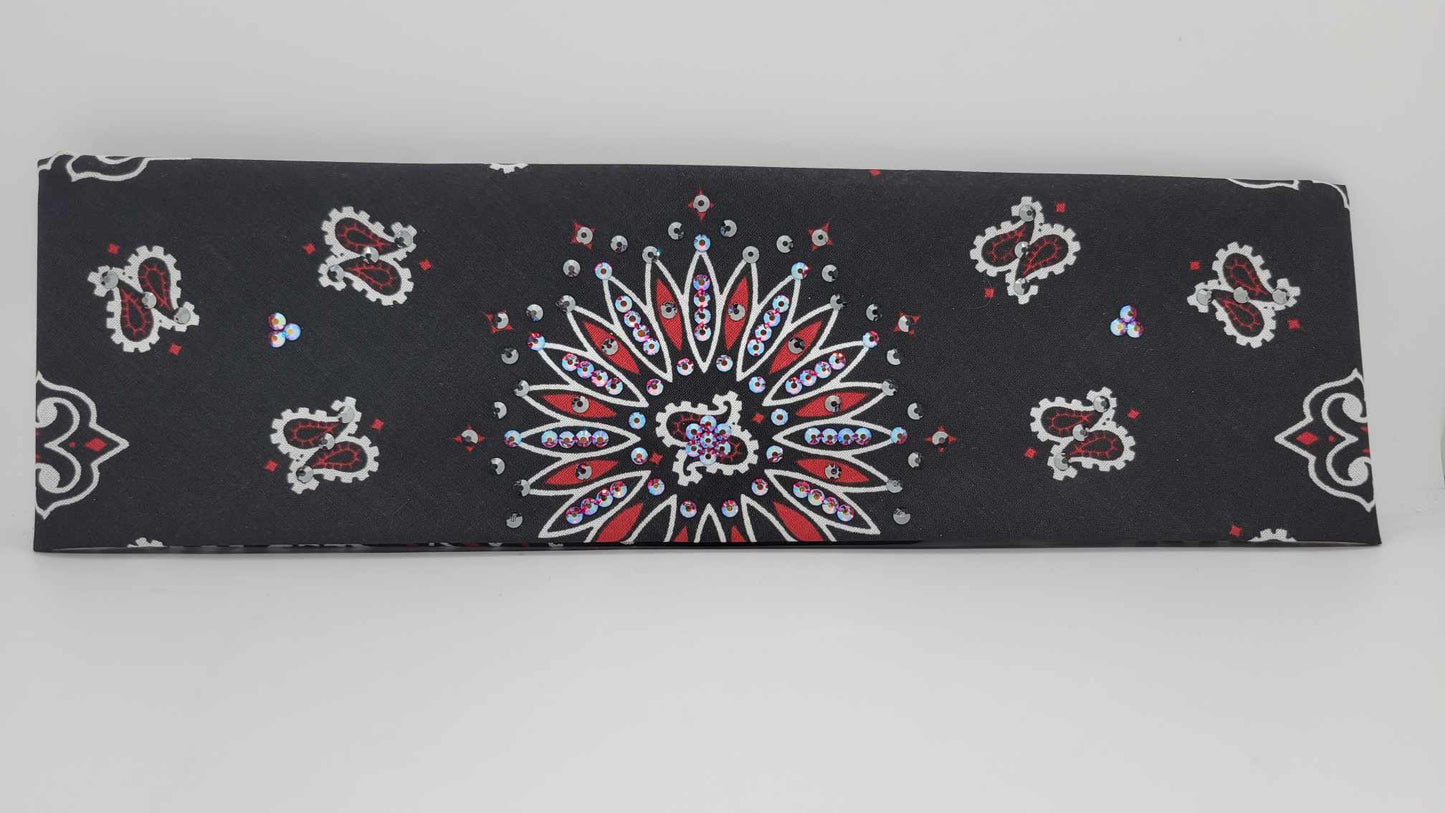Black and Red Paisley Bandana with Black and Red Shimmer Austrian Crystals (Sku6289)