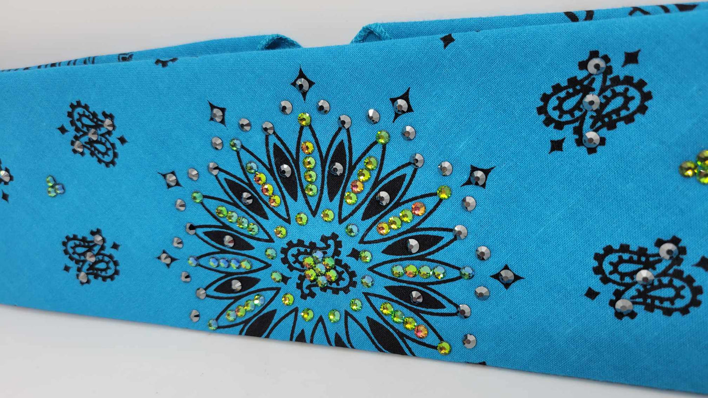 Electric Blue Paisley Bandana with Black and Vitrail Austrian Crystals (Sku6290)
