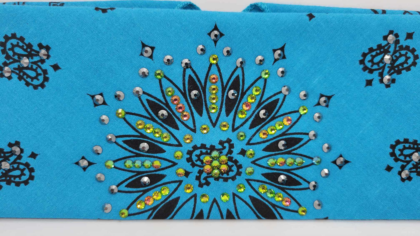 Electric Blue Paisley Bandana with Black and Vitrail Austrian Crystals (Sku6290)