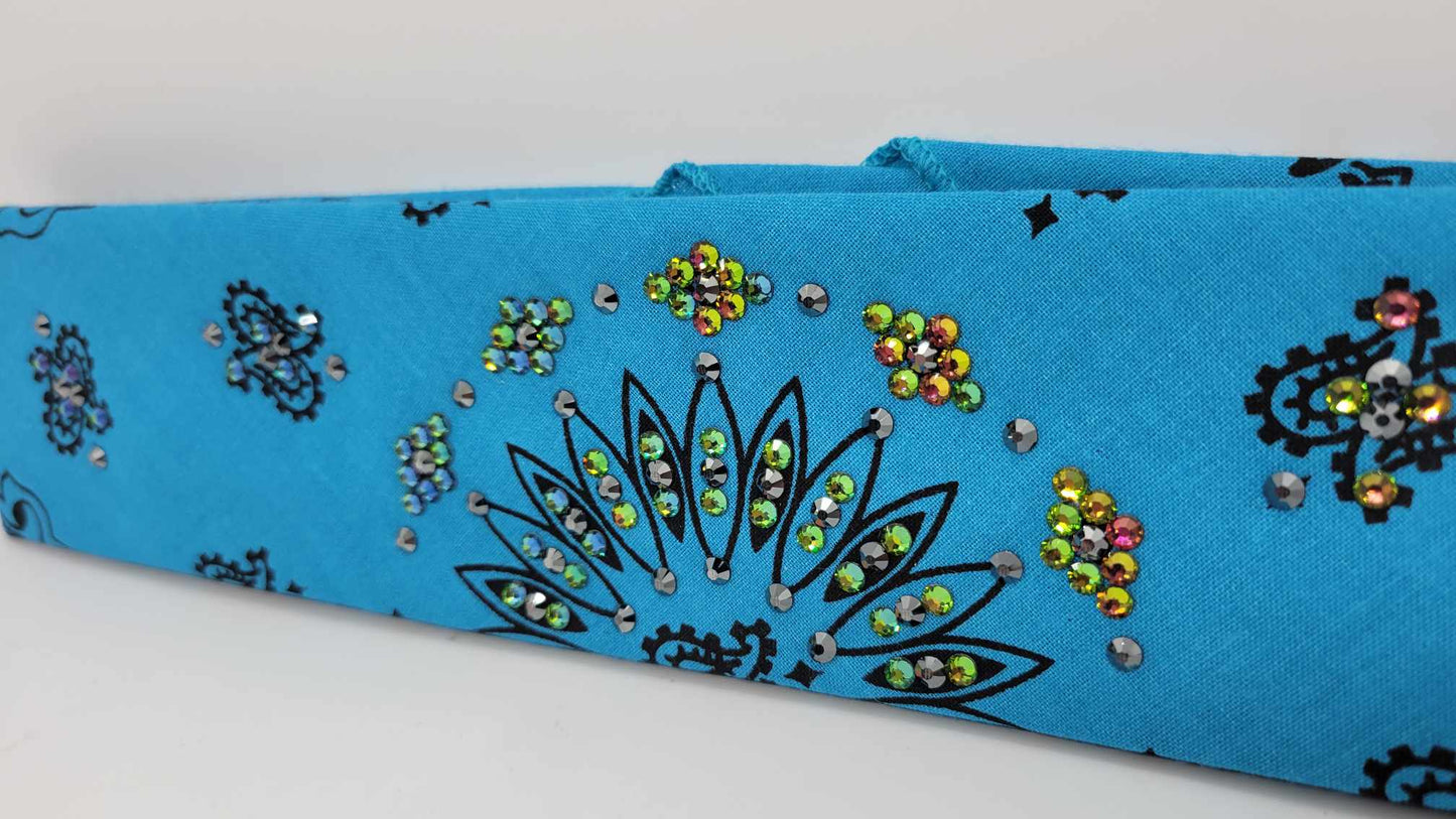 Narrow Electric Blue Paisley Bandana with Black and Vitrail Austrian Crystals (sku6292)