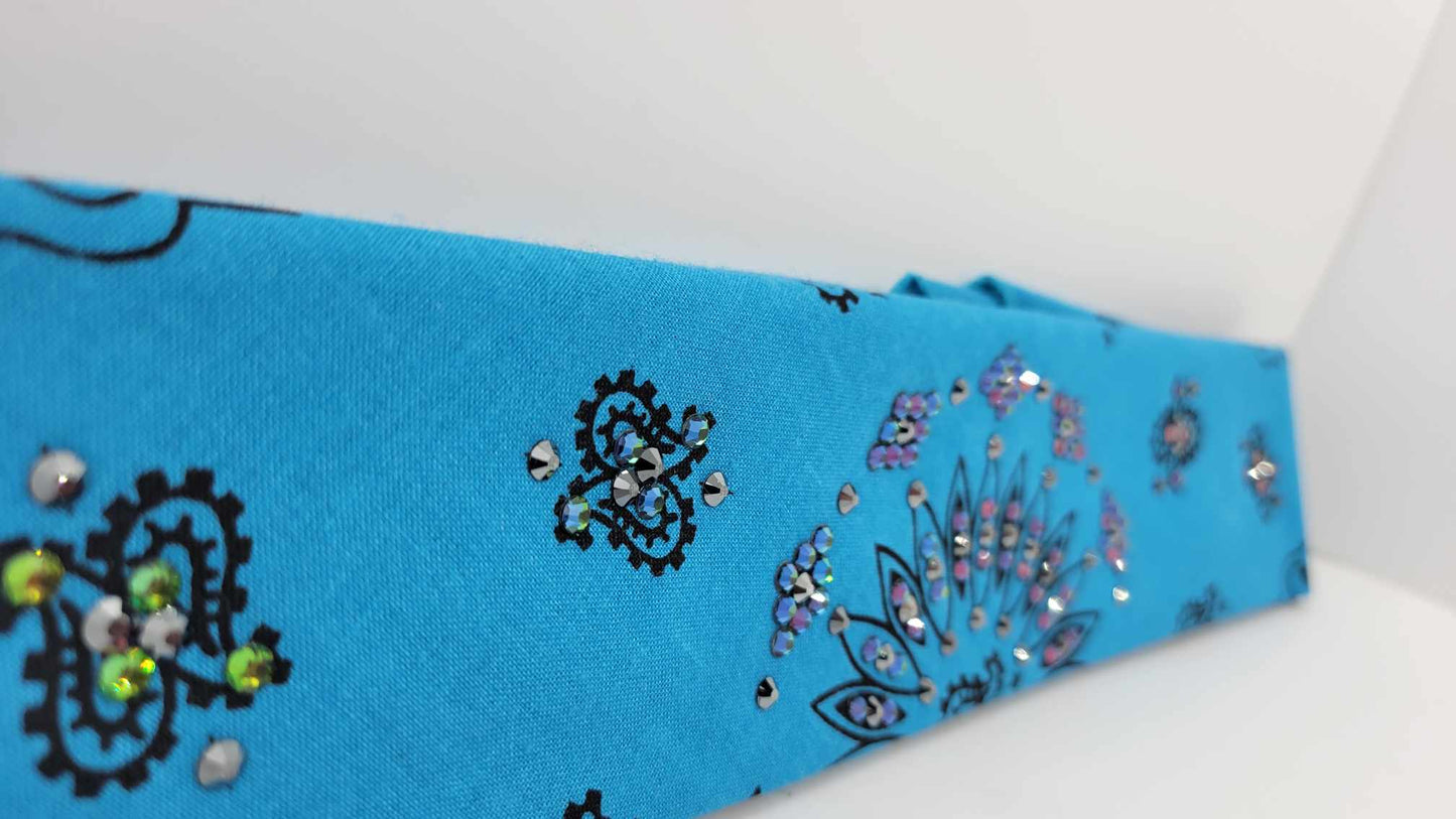 Narrow Electric Blue Paisley Bandana with Black and Vitrail Austrian Crystals (sku6292)