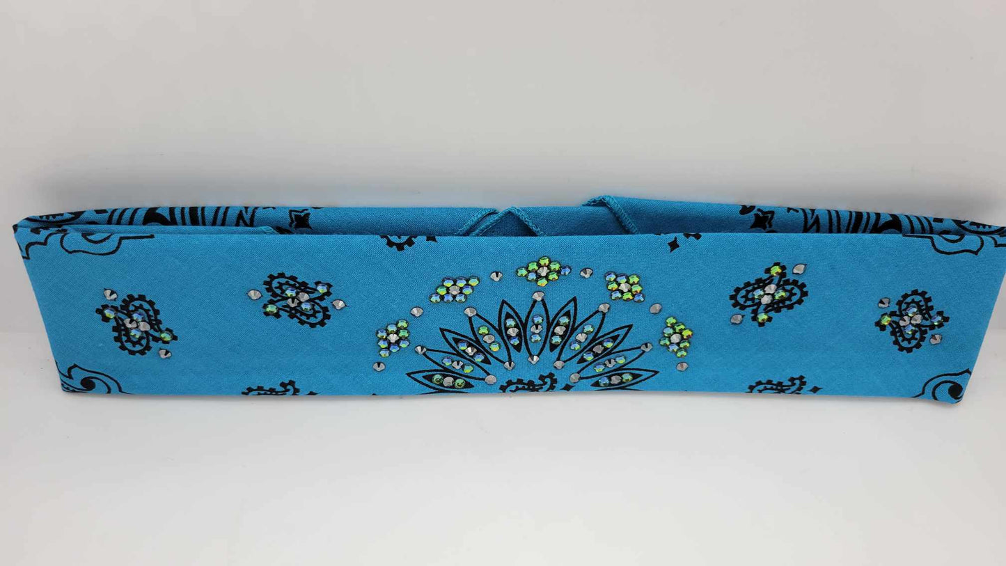 Narrow Electric Blue Paisley Bandana with Black and Vitrail Austrian Crystals (sku6292)