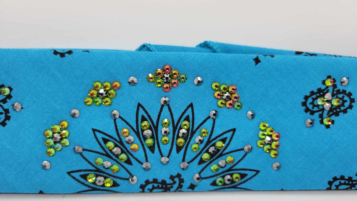 Narrow Electric Blue Paisley Bandana with Black and Vitrail Austrian Crystals (sku6292)