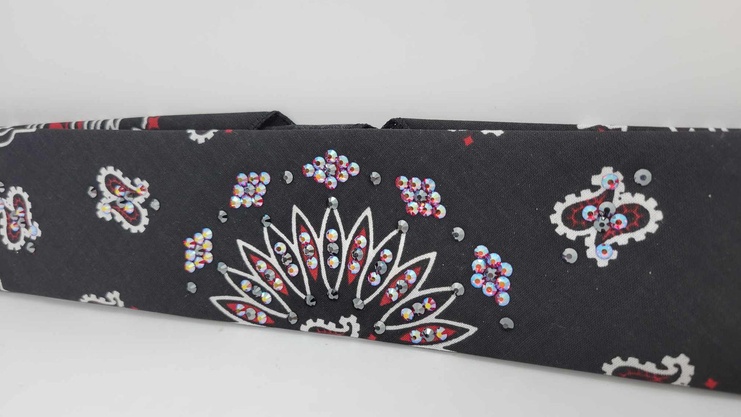 Narrow Black and Red Paisley Bandana with Black and Red Shimmer Austrian Crystals (sku6293)