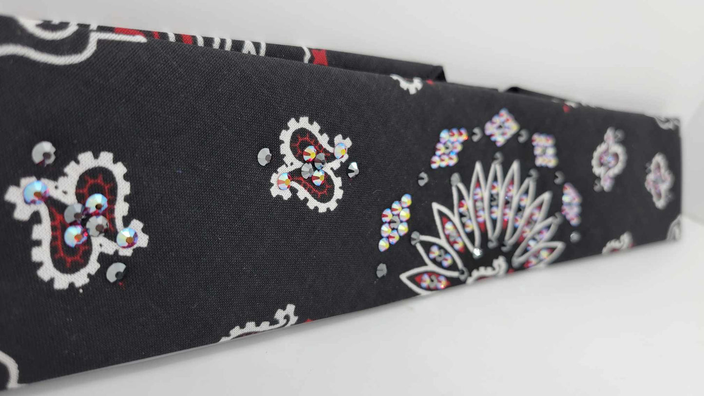Narrow Black and Red Paisley Bandana with Black and Red Shimmer Austrian Crystals (sku6293)