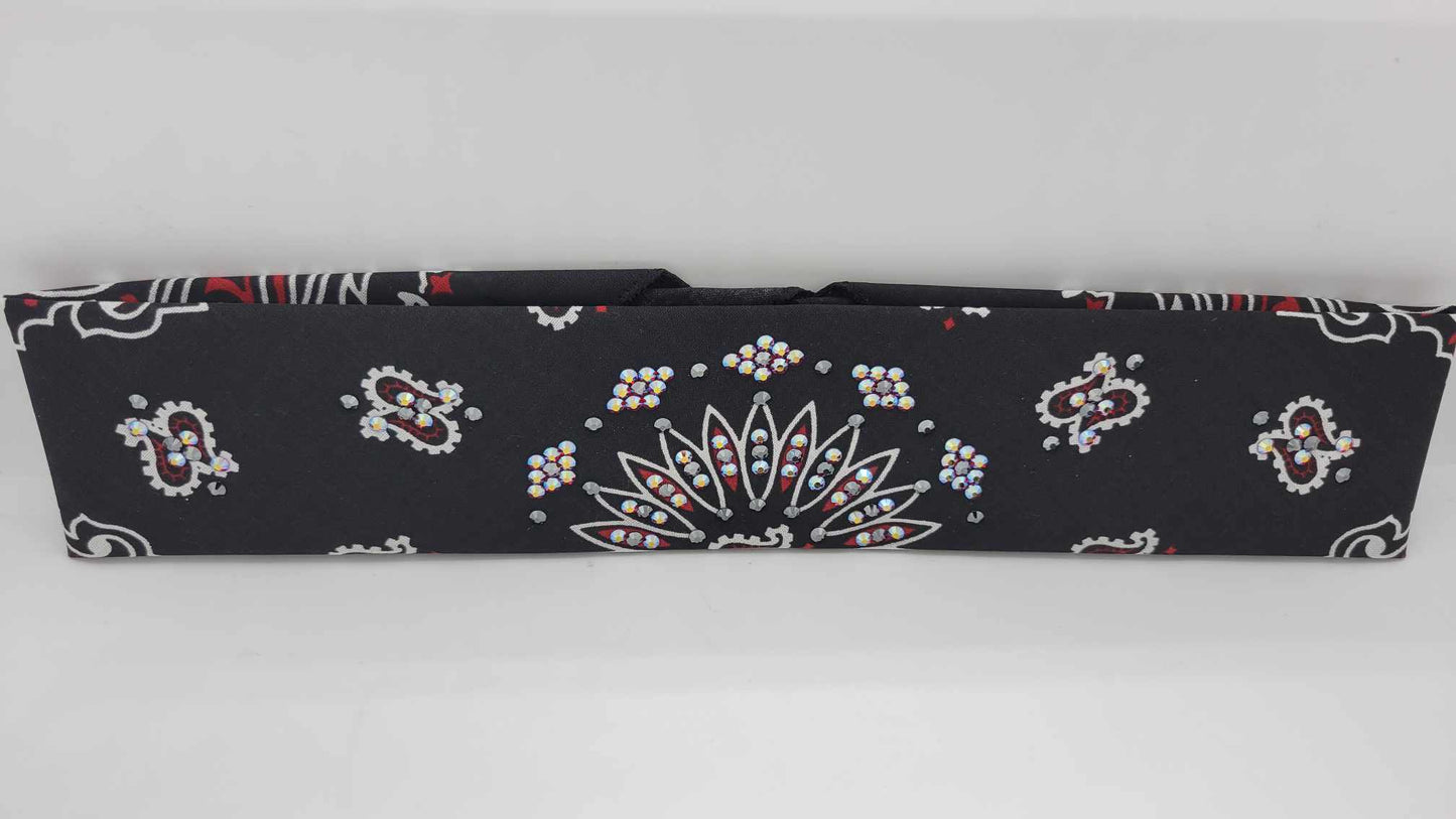 Narrow Black and Red Paisley Bandana with Black and Red Shimmer Austrian Crystals (sku6293)