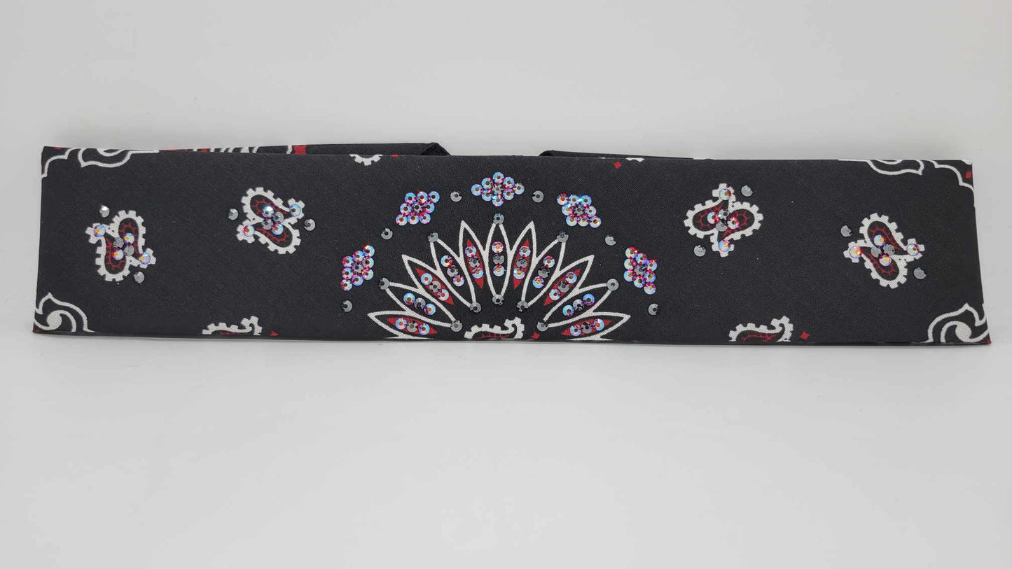 Narrow Black and Red Paisley Bandana with Black and Red Shimmer Austrian Crystals (sku6293)